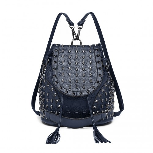 Miss Lulu Skull Studded Backpack Shoulder Bag - Navy | Stylish & Versatile