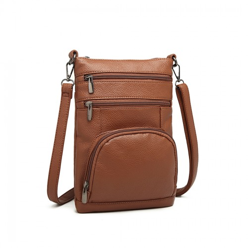 Miss Lulu Multi Pocket RFID-Blocking Leather Look Cross Body Bag - Brown