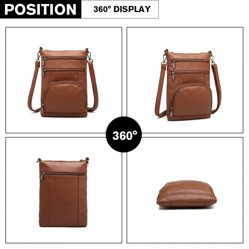 Miss Lulu Multi Pocket RFID-Blocking Leather Look Cross Body Bag - Brown