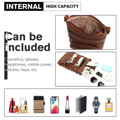 Miss Lulu Multi Pocket RFID-Blocking Leather Look Cross Body Bag - Brown