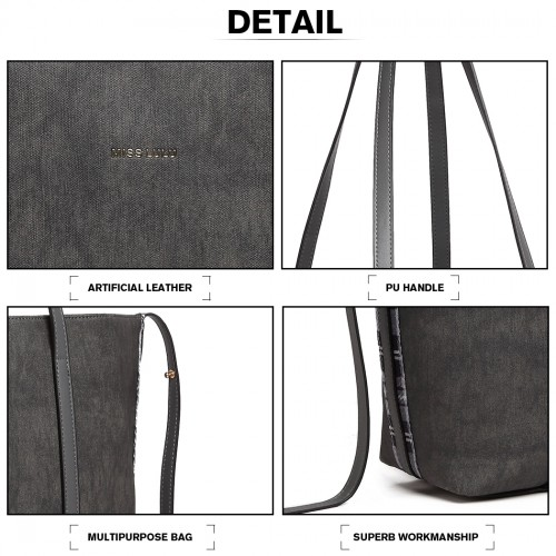 Miss Lulu Grey Leather Look Two Way Tote Shoulder Bag