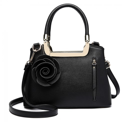 Miss Lulu PU Leather Rose Ornament Handbag - Black Elegant Women's Bag