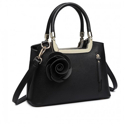 Miss Lulu PU Leather Rose Ornament Handbag - Black Elegant Women's Bag