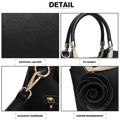 Miss Lulu PU Leather Rose Ornament Handbag - Black Elegant Women's Bag