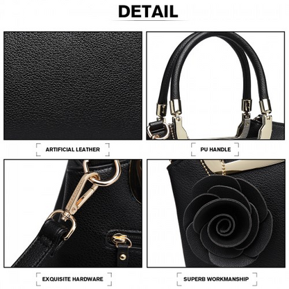 Miss Lulu PU Leather Rose Ornament Handbag - Black Elegant Women's Bag