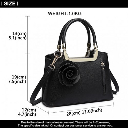 Miss Lulu PU Leather Rose Ornament Handbag - Black Elegant Women's Bag