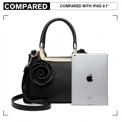 Miss Lulu PU Leather Rose Ornament Handbag - Black Elegant Women's Bag