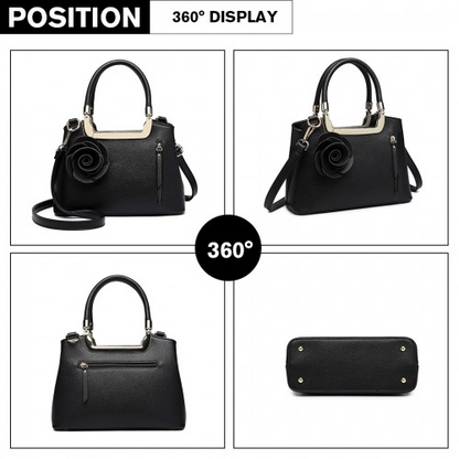Miss Lulu PU Leather Rose Ornament Handbag - Black Elegant Women's Bag