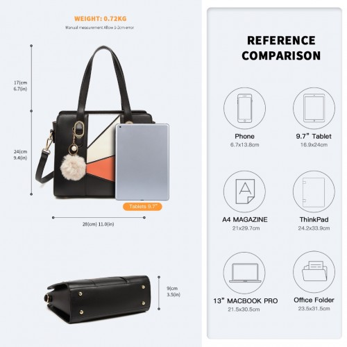 Miss Lulu Colour Block Cross-Body Handbag - Black | LG2051 | Trendy & Durable PU Leather Bag