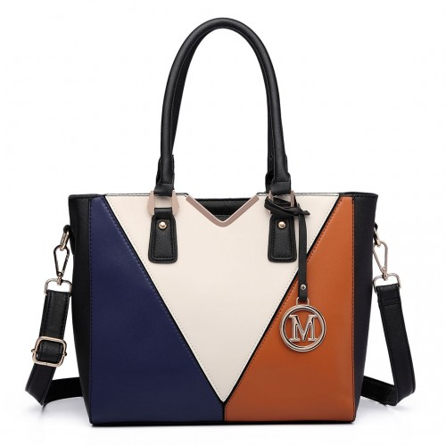 Miss Lulu Leather Look V-Shape Multicolour Tote Bag - Brown | Stylish and Spacious Shoulder Bag