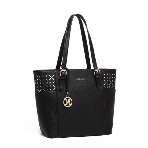 LG1943 - Miss Lulu Laser Cut Out Tote Shopper Bag - Black