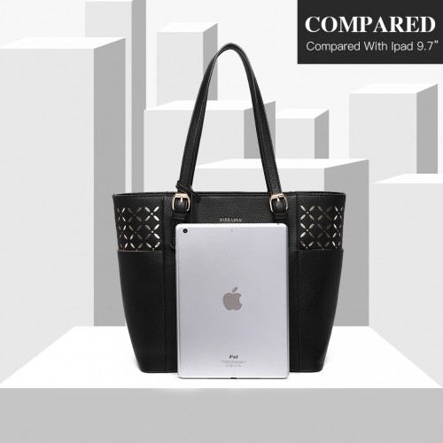 LG1943 - Miss Lulu Laser Cut Out Tote Shopper Bag - Black