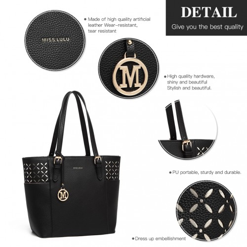 LG1943 - Miss Lulu Laser Cut Out Tote Shopper Bag - Black