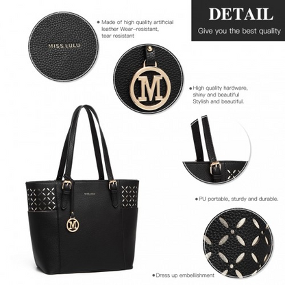 LG1943 - Miss Lulu Laser Cut Out Tote Shopper Bag - Black