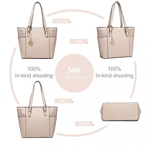 LG1943 - MISS LULU Laser Cut Out Tote Shopper Bag - Beige