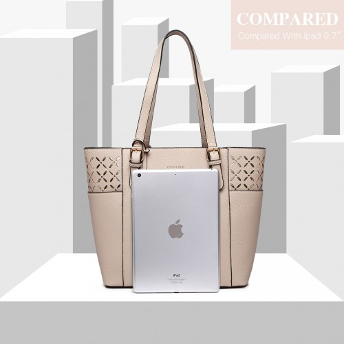 LG1943 - MISS LULU Laser Cut Out Tote Shopper Bag - Beige