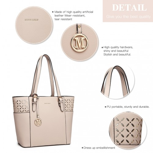 LG1943 - MISS LULU Laser Cut Out Tote Shopper Bag - Beige