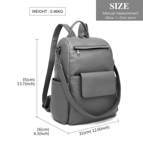 Miss Lulu Large Leather Look Backpack - Grey | Stylish & Spacious