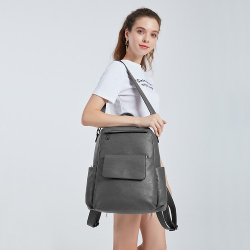 Miss Lulu Large Leather Look Backpack - Grey | Stylish & Spacious