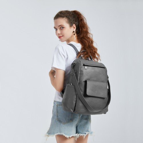 Miss Lulu Large Leather Look Backpack - Grey | Stylish & Spacious