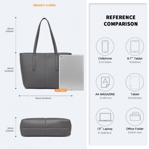 Miss Lulu Leather Look Simple Casual Tote Bag - Grey | Large-Capacity, Stylish & Versatile