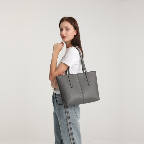 Miss Lulu Leather Look Simple Casual Tote Bag - Grey | Large-Capacity, Stylish & Versatile