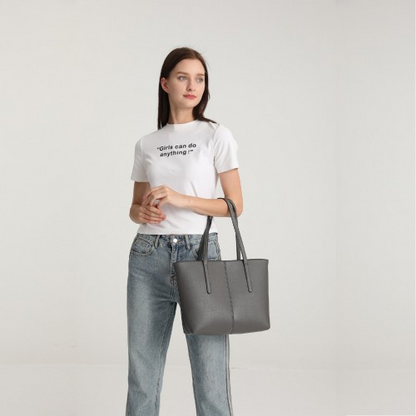 Miss Lulu Leather Look Simple Casual Tote Bag - Grey | Large-Capacity, Stylish & Versatile