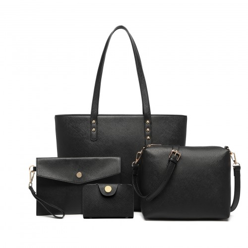 Miss Lulu 4 Piece Handbag Set, Black - Tote, Crossbody, Pouch & Purse | Stylish & Durable PU Leather