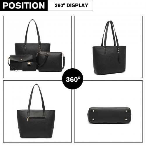 Miss Lulu 4 Piece Handbag Set, Black - Tote, Crossbody, Pouch & Purse | Stylish & Durable PU Leather