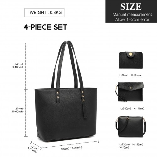 Miss Lulu 4 Piece Handbag Set, Black - Tote, Crossbody, Pouch & Purse | Stylish & Durable PU Leather