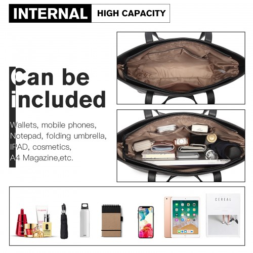 Miss Lulu 4 Piece Handbag Set, Black - Tote, Crossbody, Pouch & Purse | Stylish & Durable PU Leather