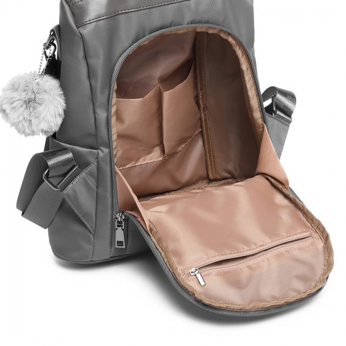 Miss Lulu Two Way Backpack Shoulder Bag with Pom Pom Pendant - Grey