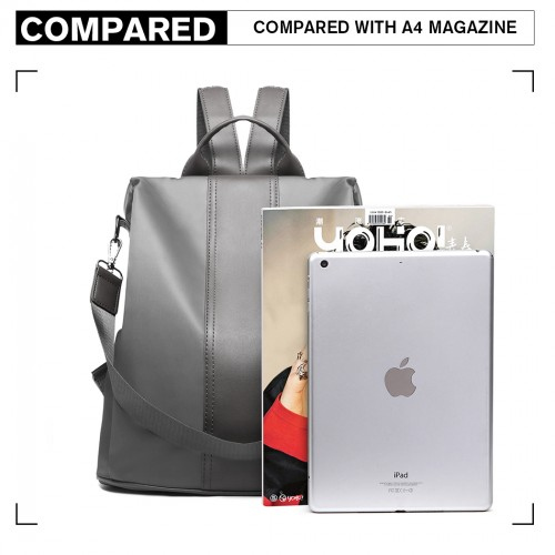 Miss Lulu Two Way Backpack Shoulder Bag with Pom Pom Pendant - Grey