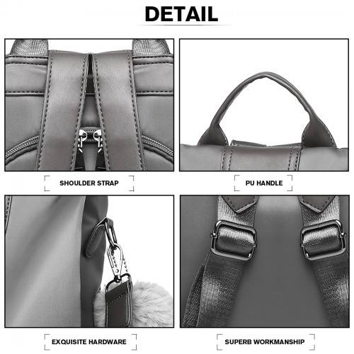 Miss Lulu Two Way Backpack Shoulder Bag with Pom Pom Pendant - Grey