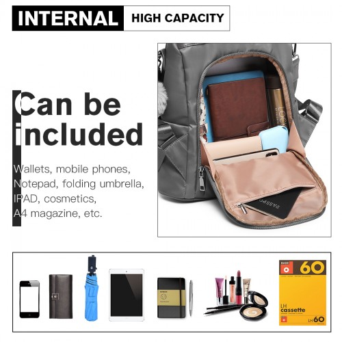 Miss Lulu Two Way Backpack Shoulder Bag with Pom Pom Pendant - Grey