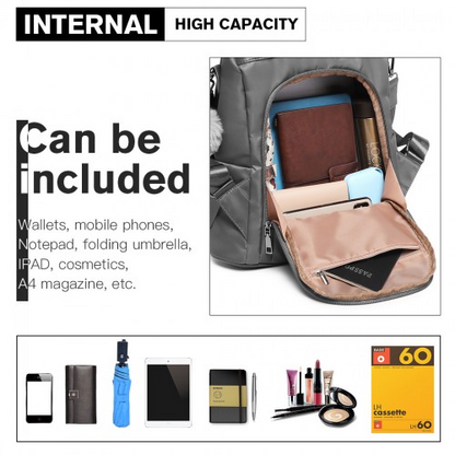 Miss Lulu Two Way Backpack Shoulder Bag with Pom Pom Pendant - Grey