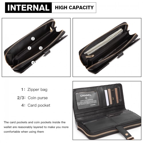 Miss Lulu Tri Colour Women's Leather Look Purse - Black | Stylish & Spacious Wallet with Multiple Card Slots