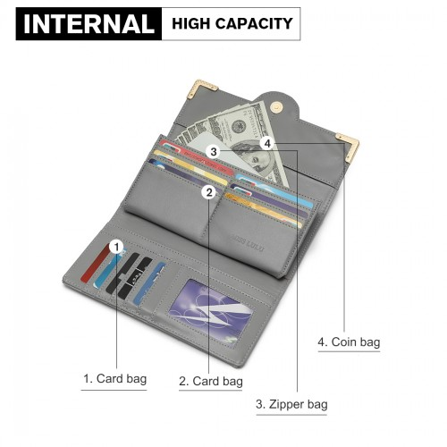 Miss Lulu Leather Look Classic Long Purse - Grey