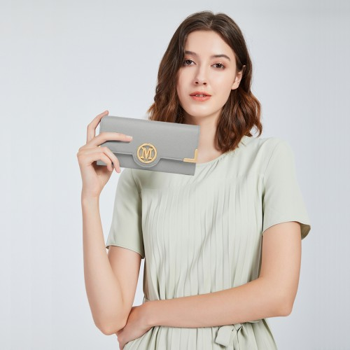 Miss Lulu Leather Look Classic Long Purse - Grey