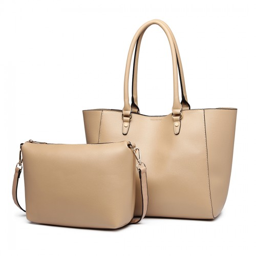 Miss Lulu Textured Leather Look 2 Piece Tote and Shoulder Bag Set - Apricot