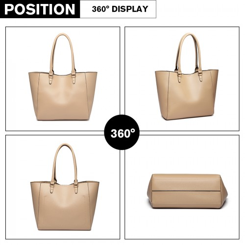 Miss Lulu Textured Leather Look 2 Piece Tote and Shoulder Bag Set - Apricot