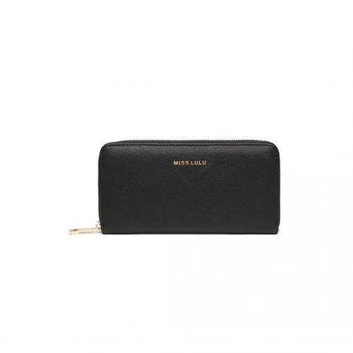 Miss Lulu Zip Closure Ladies Purse Wallet - Sleek Black Design, 10 Card Slots & Coin Pocket