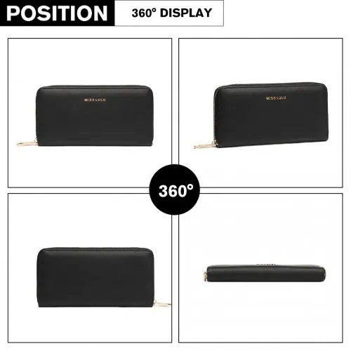 Miss Lulu Zip Closure Ladies Purse Wallet - Sleek Black Design, 10 Card Slots & Coin Pocket
