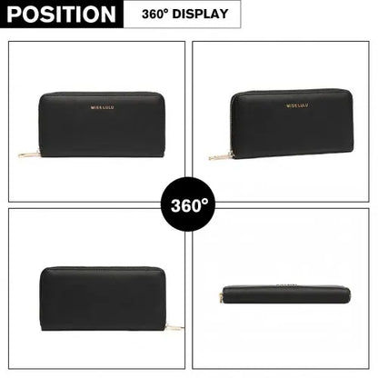 Miss Lulu Zip Closure Ladies Purse Wallet - Sleek Black Design, 10 Card Slots & Coin Pocket
