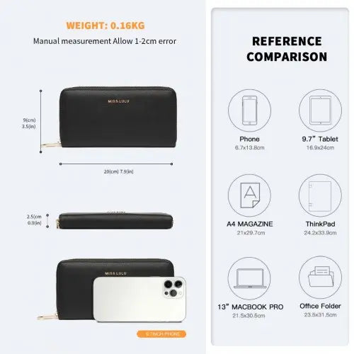 Miss Lulu Zip Closure Ladies Purse Wallet - Sleek Black Design, 10 Card Slots & Coin Pocket