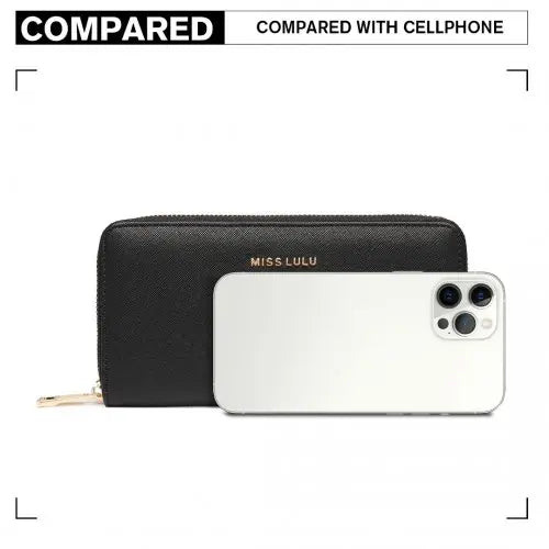 Miss Lulu Zip Closure Ladies Purse Wallet - Sleek Black Design, 10 Card Slots & Coin Pocket