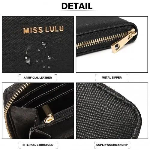 Miss Lulu Zip Closure Ladies Purse Wallet - Sleek Black Design, 10 Card Slots & Coin Pocket