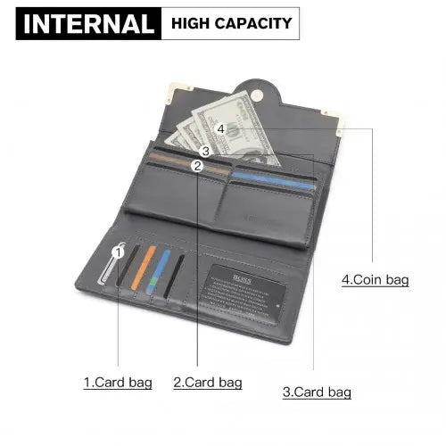 Miss Lulu Leather Look Classic Long Purse - Dark Grey | Stylish & Practical Wallet for Women