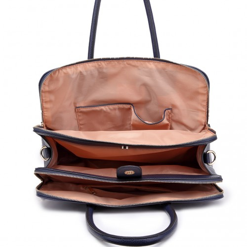 Miss Lulu Textured PU Leather Medium Size Classic Tote Bag Shoulder Bag - Navy