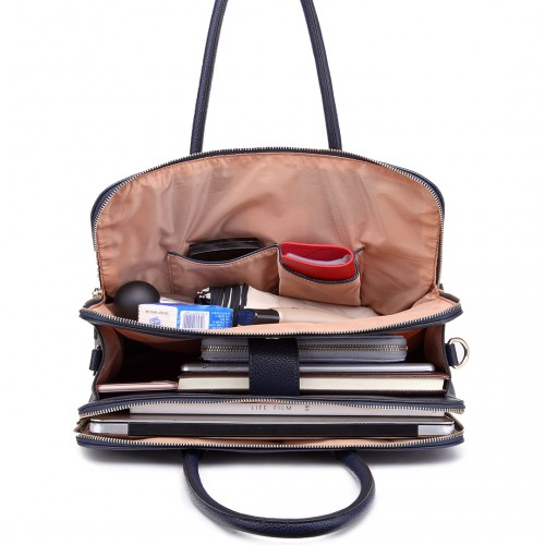 Miss Lulu Textured PU Leather Medium Size Classic Tote Bag Shoulder Bag - Navy